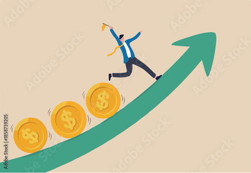 Investment profit and earning, stock market growth or fund flow depend on interest rate and inflation concept, businessman investor, fund manager holding flag lead money coins running up rising graph