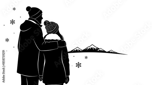 Winter couple silhouette mountain landscape