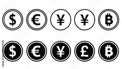 Graphic illustration of various currency symbols including dollar, euro, yen, pound, and bitcoin on a white background.