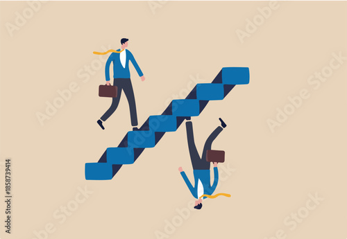 Business paradox, growth, improvement or different perspective or other side, fake or real, possible and impossible concept, ambitious businessman walk up stair while in paradox he walking down.