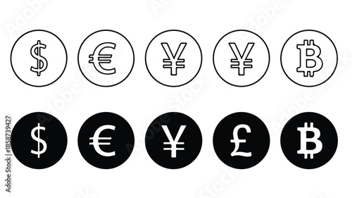 Flat lay of various currency symbols including dollar, euro, yen, pound, and bitcoin on a white background with black circles.