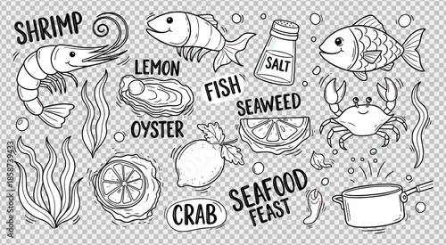 Seafood doodle collection with shrimp oyster fish crab and seaweed on transparent background
