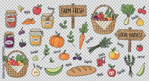 Farm fresh market doodle set with organic produce fruits vegetables and honey jars