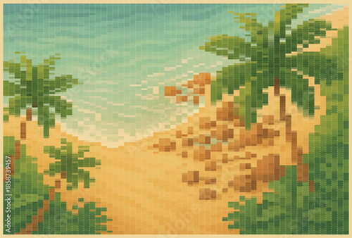 Tropical beach with palm trees and rocky shore halftone poster