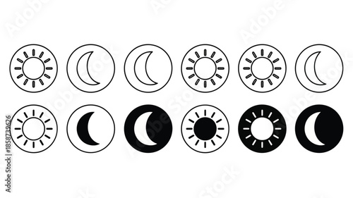 A set of black and white icons depicting various phases of the moon and sun on a plain white background.
