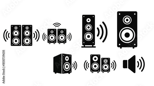 Flat lay of various speaker systems and sound equipment icons with sound waves on a white background.