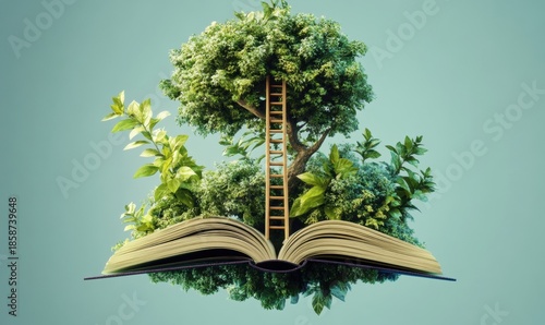 Book of knowledge tree of wisdom growing from open book with ladder