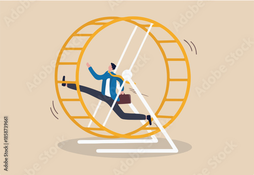 Office salary man work in loop with no career path, tried or fatigue of overwork, inefficient or work hard trap that never finish concept, frustrated businessman in hurry running in rat race wheel.