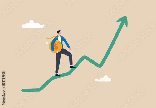 Investment strategy to earn money, plan to invest or wealth management for profit, financial planning, market analysis concept, businessman investor holding big money coin walk up rising graph. 