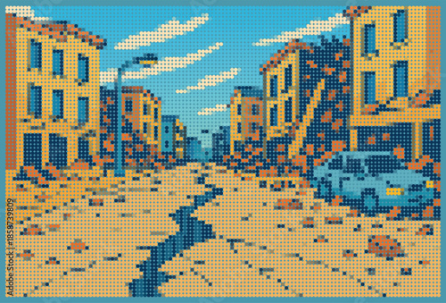Urban earthquake disaster aftermath halftone dot matrix poster