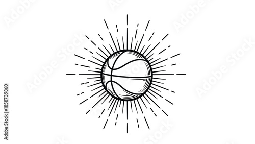 A black and white hand-drawn illustration of a basketball with radiating sunburst lines on a white background