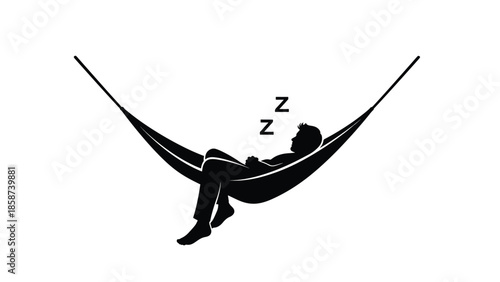 A black silhouette illustration of a person sleeping peacefully in a hammock with Zz symbols