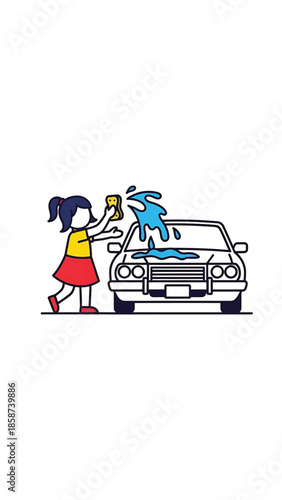 A cartoon character washes a car with a sponge, splashing water on the hood in a simple illustration