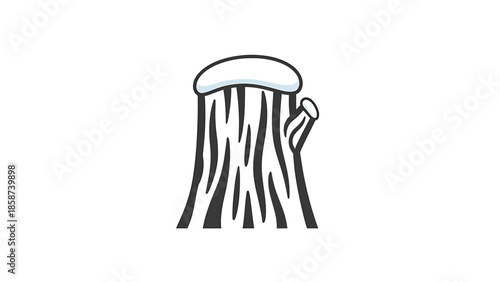A cartoon illustration of a bare tree stump with a layer of white snow on its flat top, against a pure white background