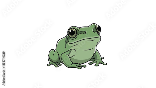 A friendly, cartoon-style green frog with big eyes sits calmly on a plain white background, illustration