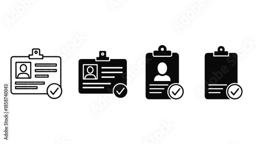 Four black and white clipboard icons with checkmarks on a plain white background, varying in design and color.