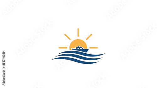 A minimalist graphic design features a ship sailing on blue waves beneath a radiant yellow sun