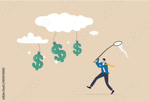 Cloud investment, new technology using cloud computing stock rising up and gain more profit in new normal economic concept, businessman investor catching dollar money sign falling from cloud.