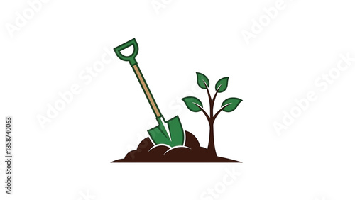 A graphic illustration of a green garden shovel digging into brown soil next to a sprouting green plant