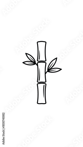A simple black outline drawing of a bamboo stalk with two pairs of leaves on a white background