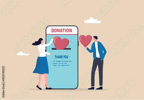 Charity donation, donate online with care to help and support people, giving money or volunteer, mobile social app to help other people concept, man and woman put heart shape into mobile donation app.