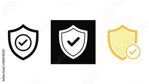 Three shield icons with checkmarks on white and black backgrounds, conveying security and verification.