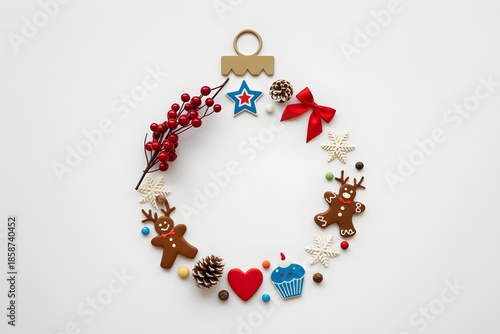 christmas ornament flat lay with gingerbread cookies and red berries