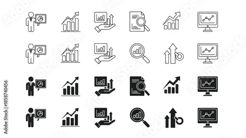 Collection of business and finance icons in black and white, featuring various graphics and symbols for analysis and growth.