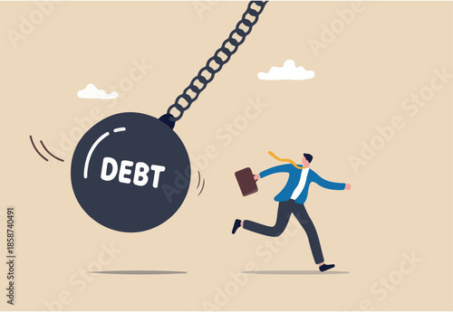 Debt problem, obligation or financial loan crisis, liability or credit failure, no money to pay for debt, mortgage default concept, business man run away from heavy wrecking ball with the word debt.