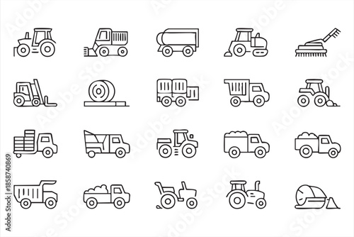Tractor and Farm Equipment Icons for Construction, Transport, Operations