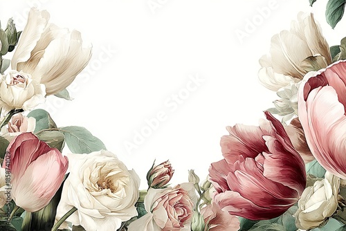 Elegant, chic, delicate watercolor wedding invitation featuring pink and white tulip flowers with white roses