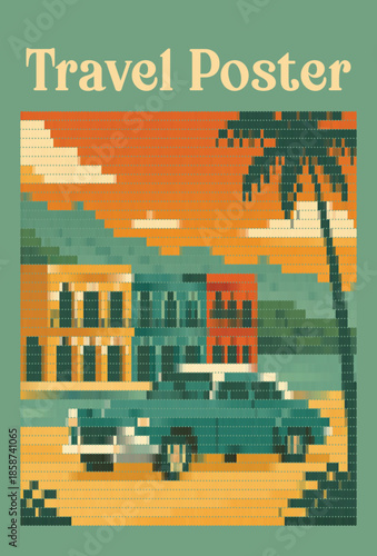 Global travel destination landmarks vintage halftone poster