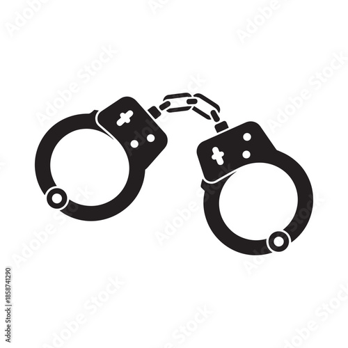 A simple black and white illustration depicting a pair of open handcuffs