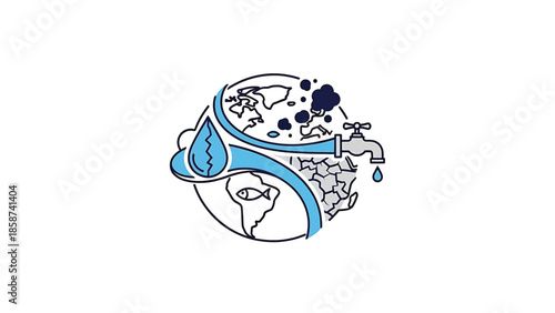 A stylized earth globe illustrating water issues with a tap, droplet, pollution, and drought