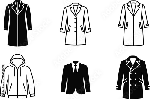 Men’s outerwear and formal clothing icon set featuring coats, jackets, blazers, and hooded jackets in minimalist style