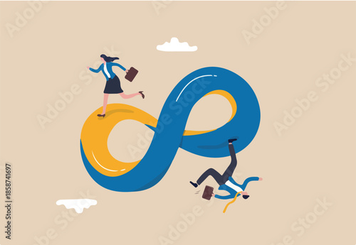 Business cycle, infinity routine job or career path, competition to success or working process loop, impossible illusion concept, businessman and businesswoman running on never ending infinity loop.