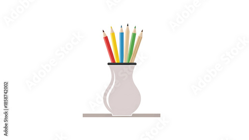 A light grey vase holds six colorful sharpened pencils, including red, yellow, blue, and green, on a white background