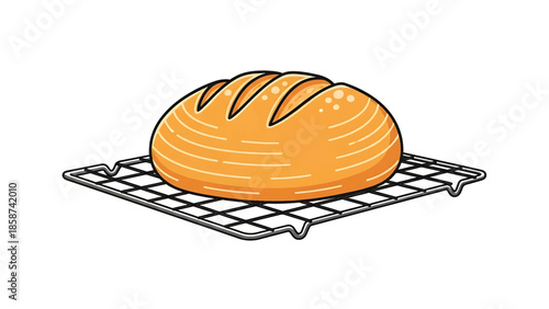 A simple illustration of a golden-brown baked bread loaf with scores resting on a black cooling rack