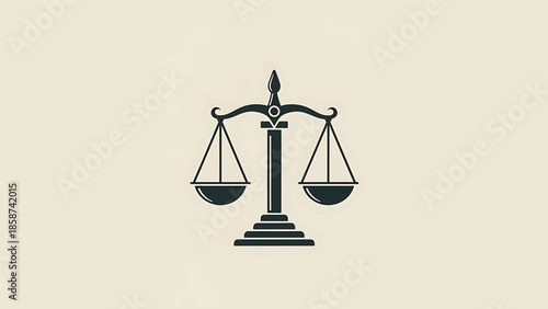 A stylized icon of a symmetrical balance scale, symbolizing justice and fairness on a light background