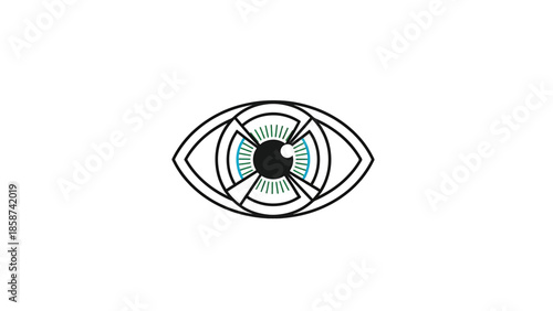 A stylized geometric eye with black outlines, a dark pupil, and radiating green and blue iris elements on white