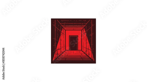 A stylized, red and black graphic of a long, dark hallway leading to a mysterious closed door