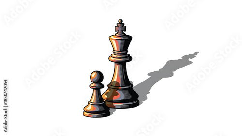 A stylized illustration of a large chess king and a small pawn, casting shadows on a white background