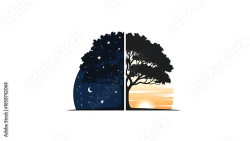 A stylized tree showing day on one side with sunrise and night on the other with stars and moon