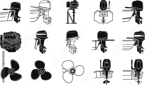 Outboard boat motor and marine engine icon set featuring detailed silhouettes for nautical, boating, and marine equipment design