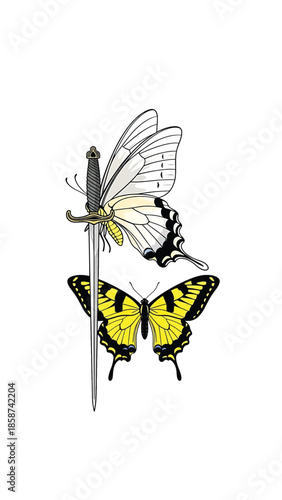 A white butterfly is impaled by a sword, with a yellow butterfly below. Clean white background