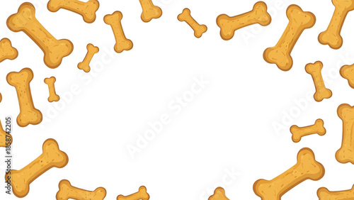 A whimsical frame of various-sized dog bone treats scattered around a clear white center