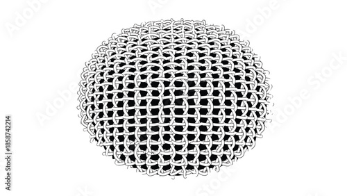 Abstract black and white illustration of an intricately woven spherical mesh pattern against a stark background