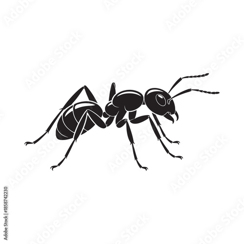 A detailed black silhouette illustration of an ant showcasing its anatomy