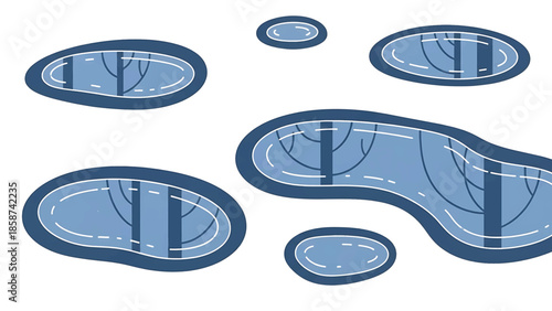 Abstract blue shapes like ponds or water bodies with tree reflections on a stark white background