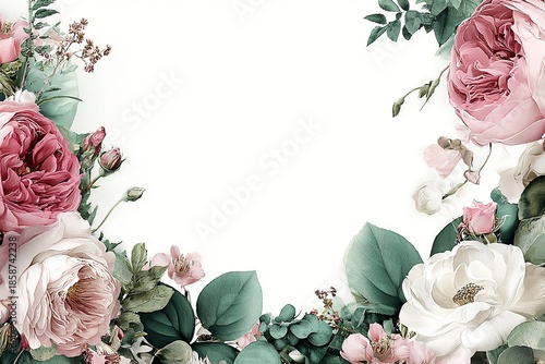 Elegant, chic, delicate watercolor wedding invitation background, full watercolor floral border of pink garden roses and greenery